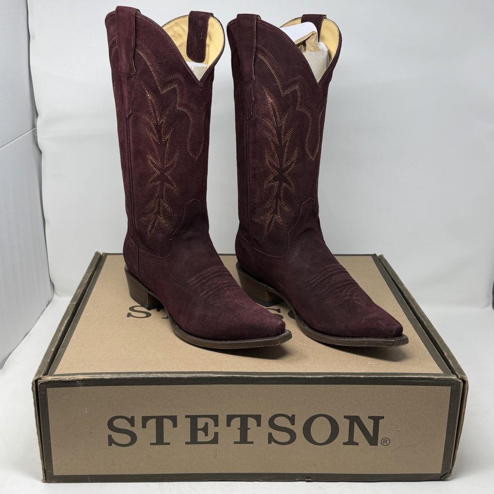 Stetson Casey Women's 8.5 Wine Suede Western Cowboy Boot 13" Shaft Snip Toe